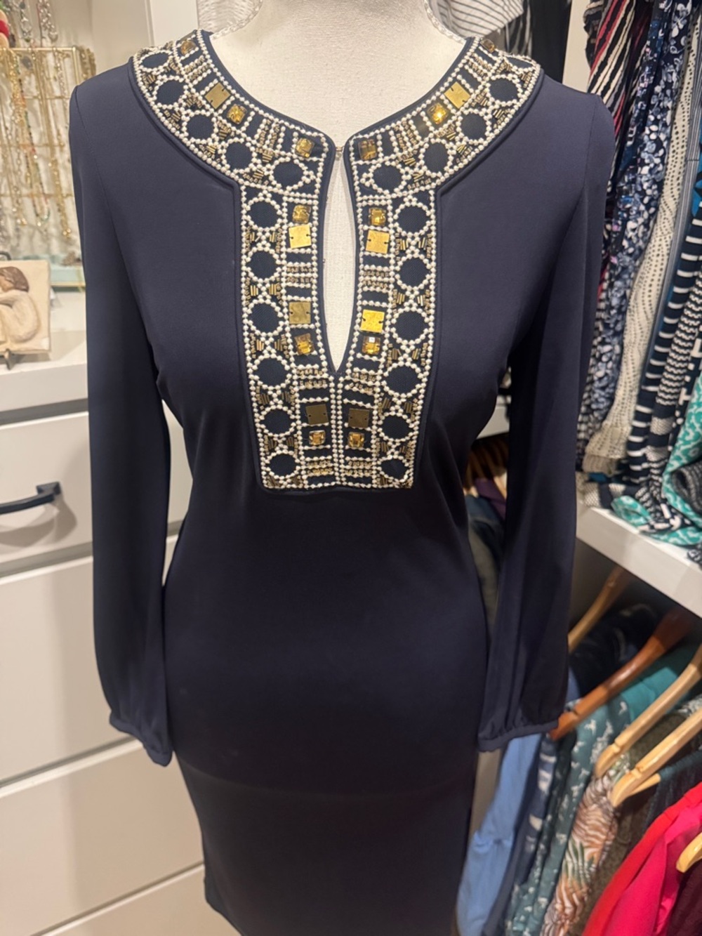 Sophisticated Tory Burch Navy Dress with Gold Embellished Neckline Size XS 💥